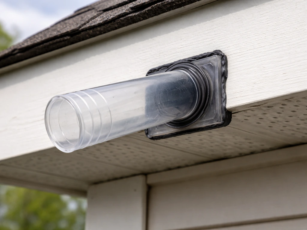 Close-up of a tube excluder (one-way door) installed over a roof soffit gap for bird entry prevention.