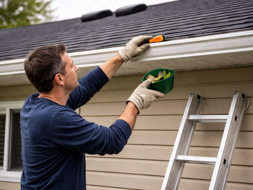 Homeowner clearing leaves from gutters while inspecting roof vents and soffit at a house edge.