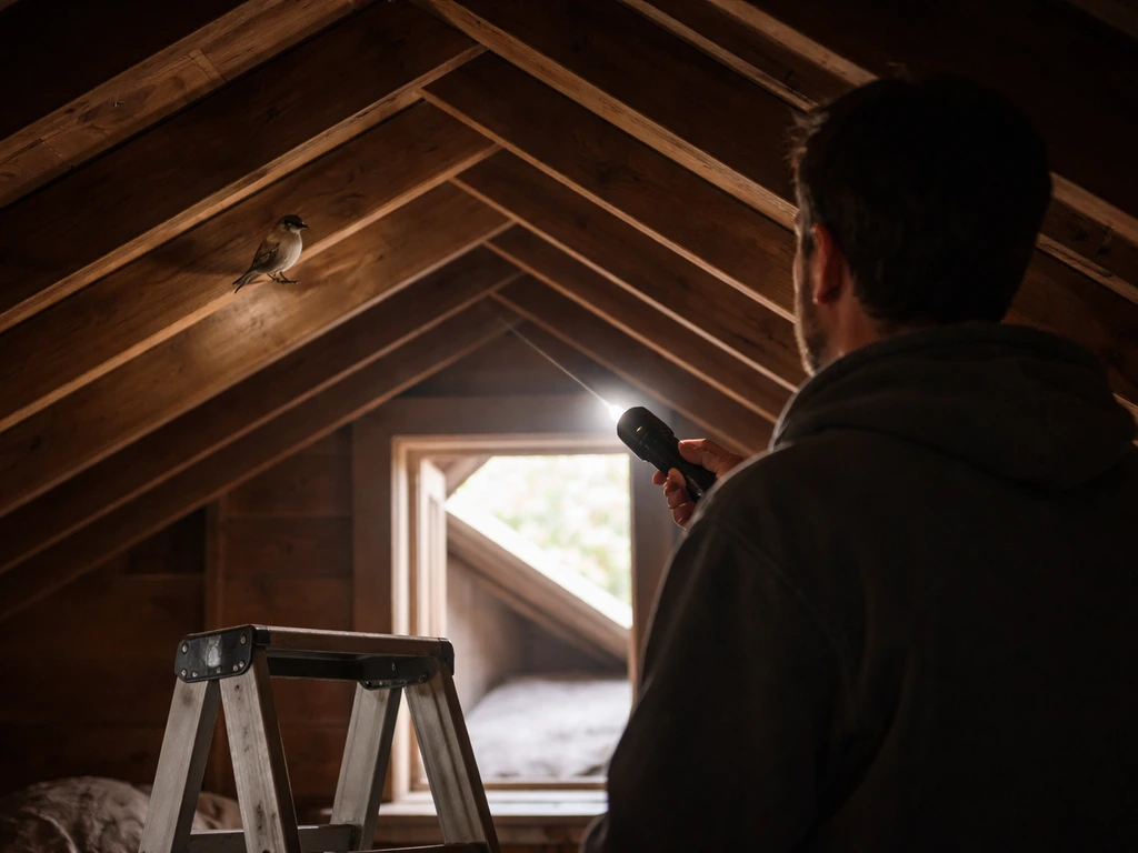 Anonymous homeowner on a ladder shines a flashlight at a bird perched under roof rafters with an open exit nearby.