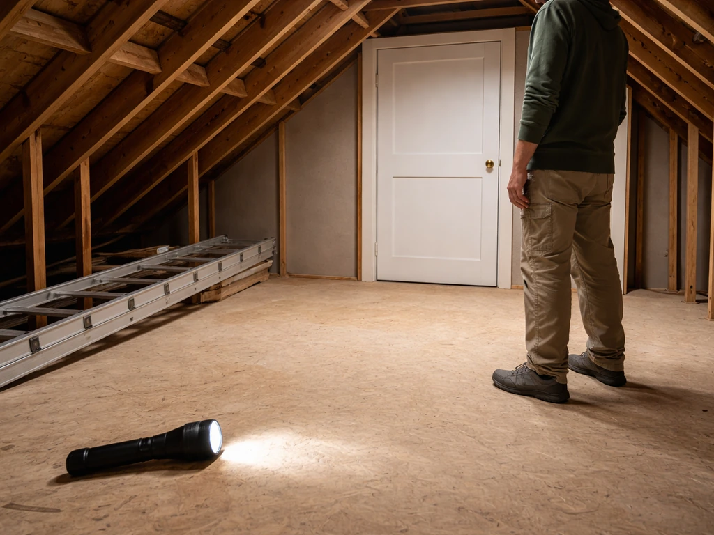 Calm indoor attic scene with a safely placed ladder and a ready flashlight near a closed-off area.