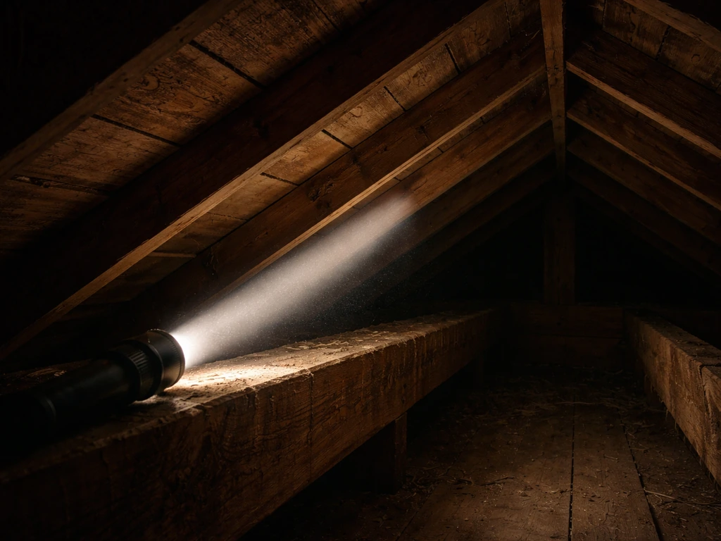 Flashlight beam highlights top plates, purlins, and ridge beam inside a simple attic rafters space.