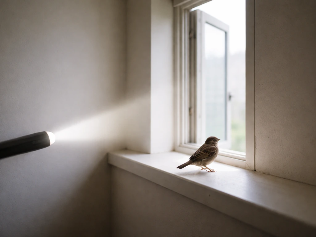Bright light shining near an open window, guiding a small bird toward the exit in a quiet room.