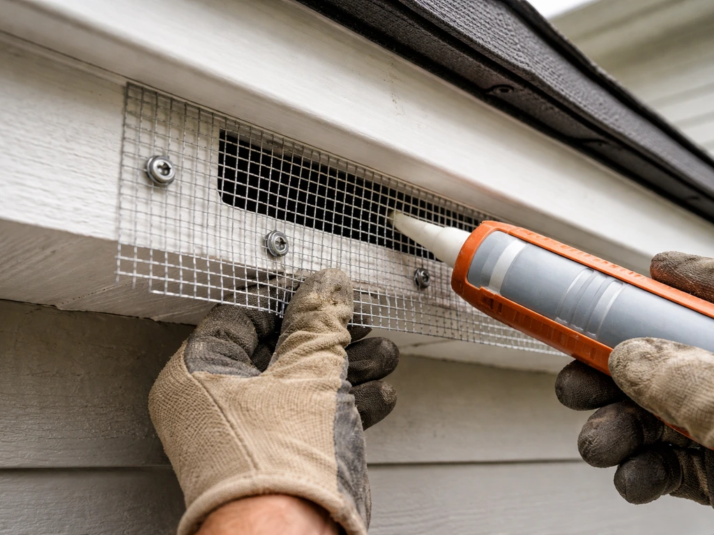 Home exterior worker installing hardware cloth over a roofline gap with sealant visible