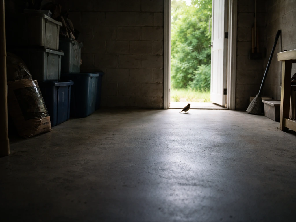 Dim basement with an open exit door and a small bird safely guided toward the light outside.