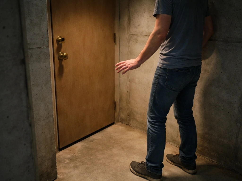Calm adult hands-away stance near a closed basement door, keeping kids and pets out of view.