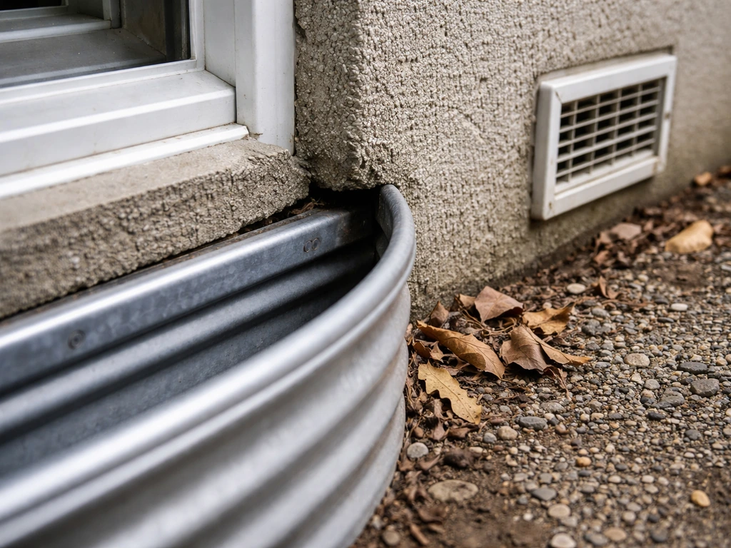 Close-up of a basement window well half-inch gap and nearby exterior vent seam where birds could enter.