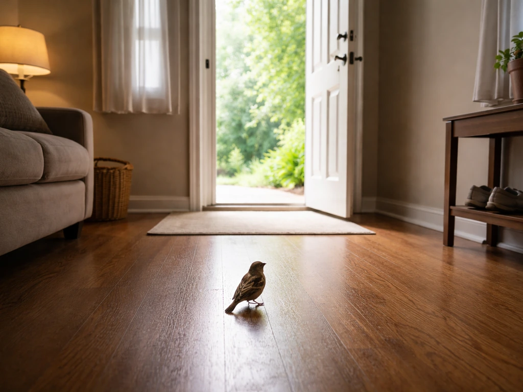 A small bird near an open exterior door with other rooms darkened by curtains for an easy escape.