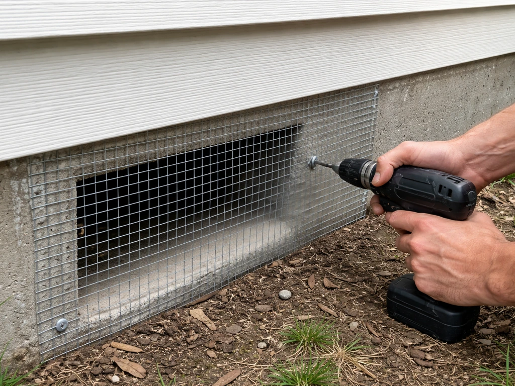 Hands securing galvanized hardware cloth over a foundation vent/window well opening on a home exterior.