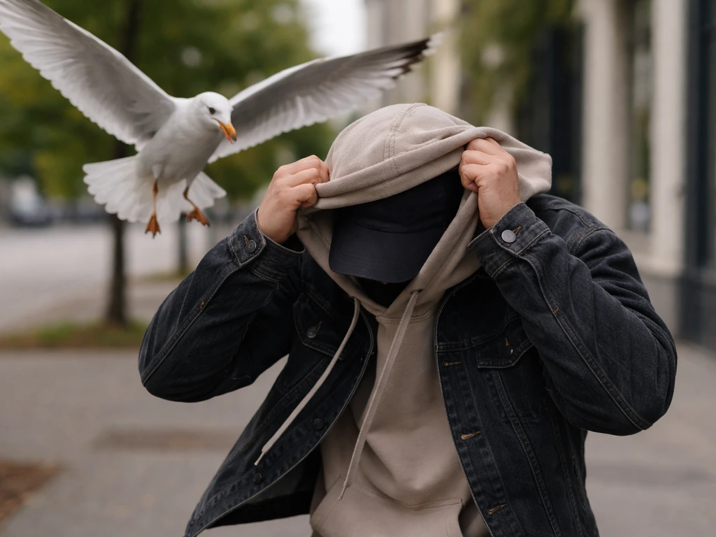 Person shielding face and eyes with a jacket while backing away from an aggressive bird.