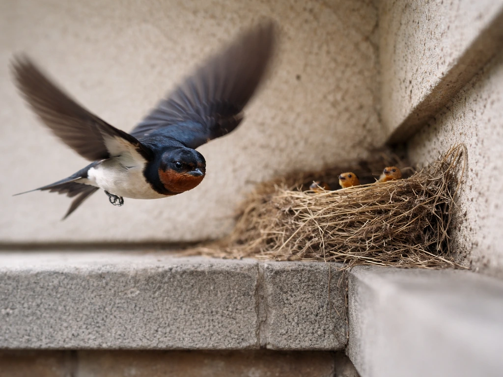 Small wild bird dive-bombing near a ledge nest with nestlings barely visible.