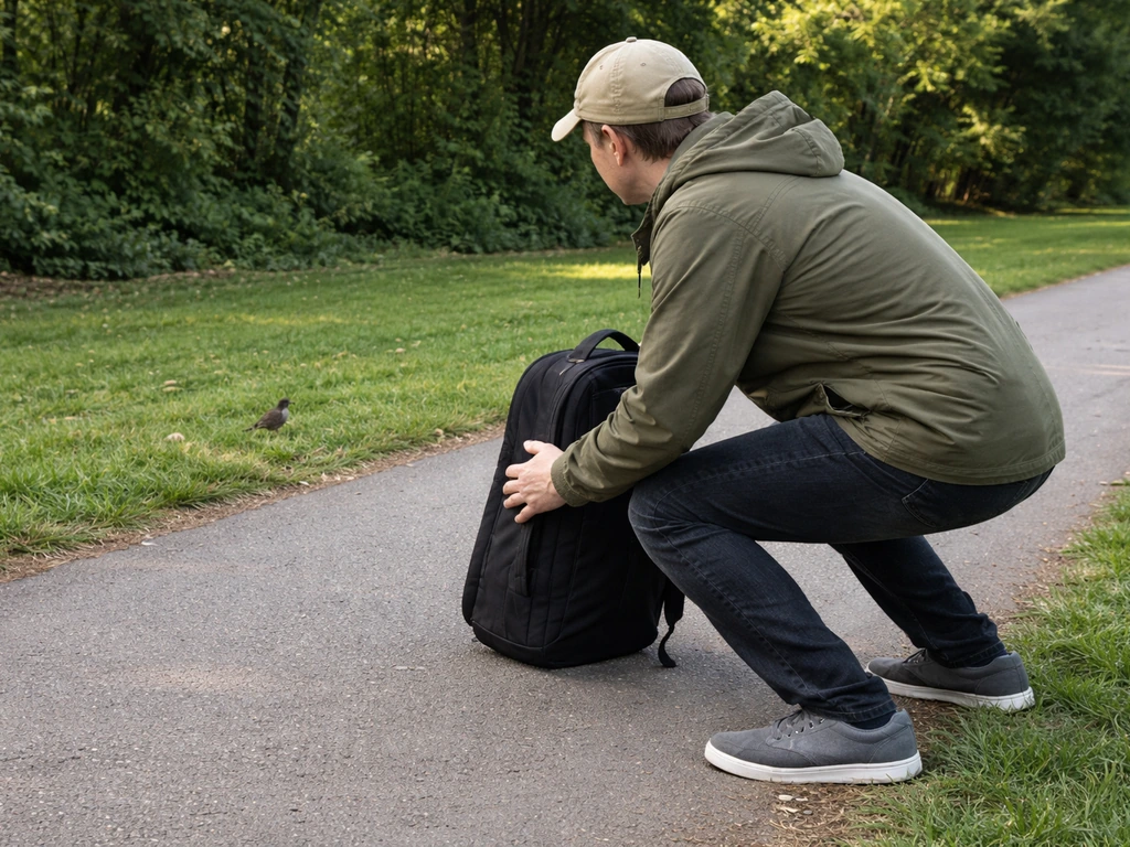 Person in a calm, low sideways stance at a safe distance behind a backpack barrier.