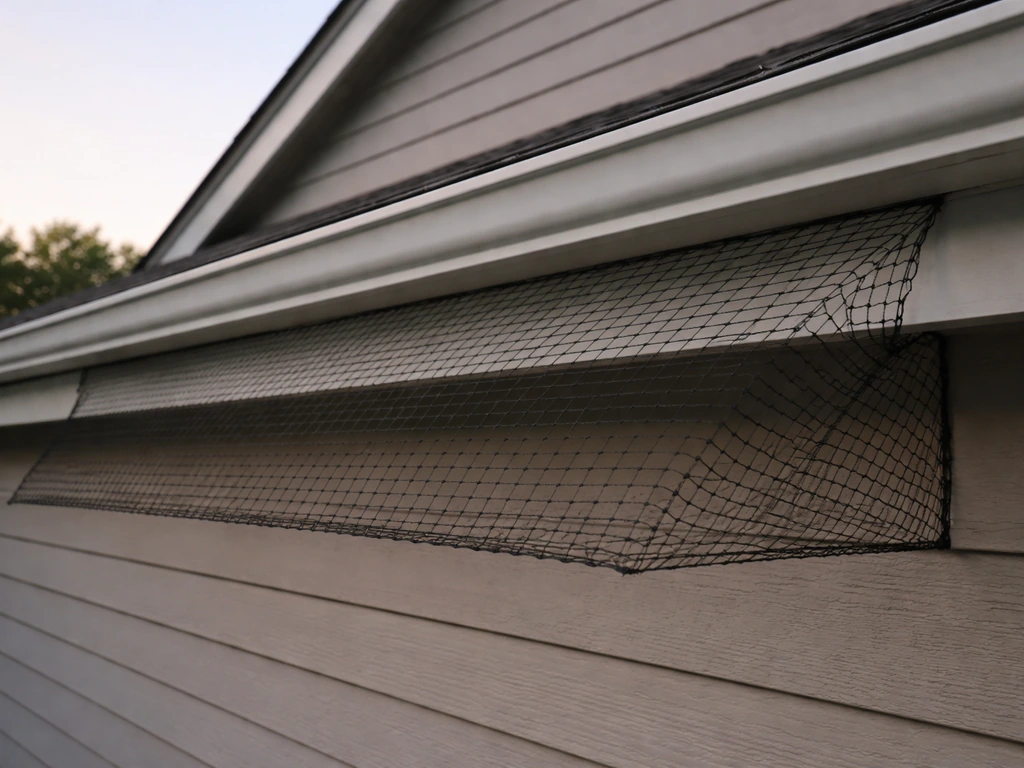 Angled bird netting stretched under an eave to prevent birds nesting or roosting