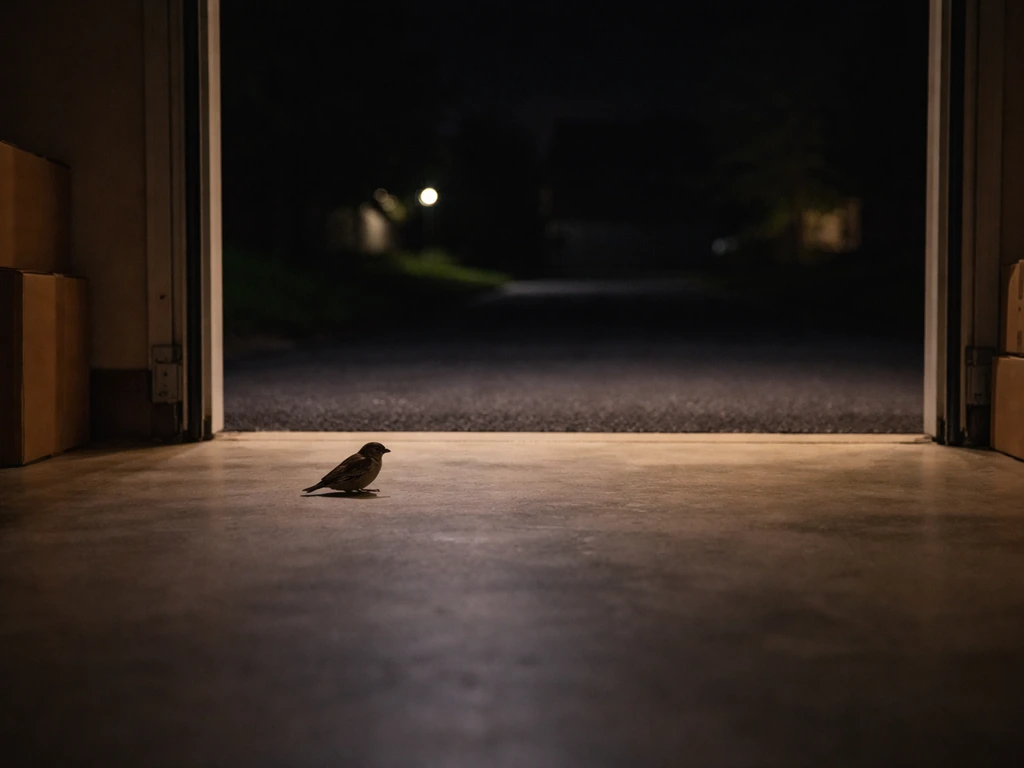 Nighttime view of a live bird near an open garage door, facing outward toward a driveway exit.