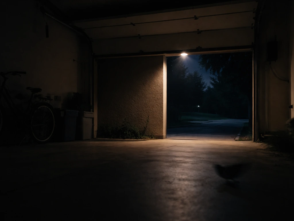 Quiet dim garage at night with a warm light toward the open exit to calm a scared bird