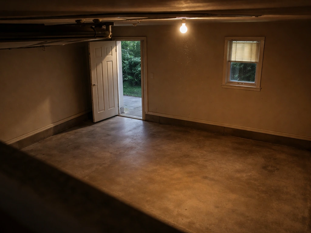 View from near the garage ceiling showing open doorway and bright light sources drawing a bird away.