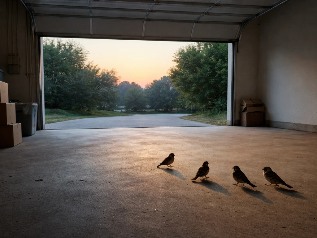 Early dawn inside a quiet garage with the main door open and brightening sunlight guiding birds toward the exit
