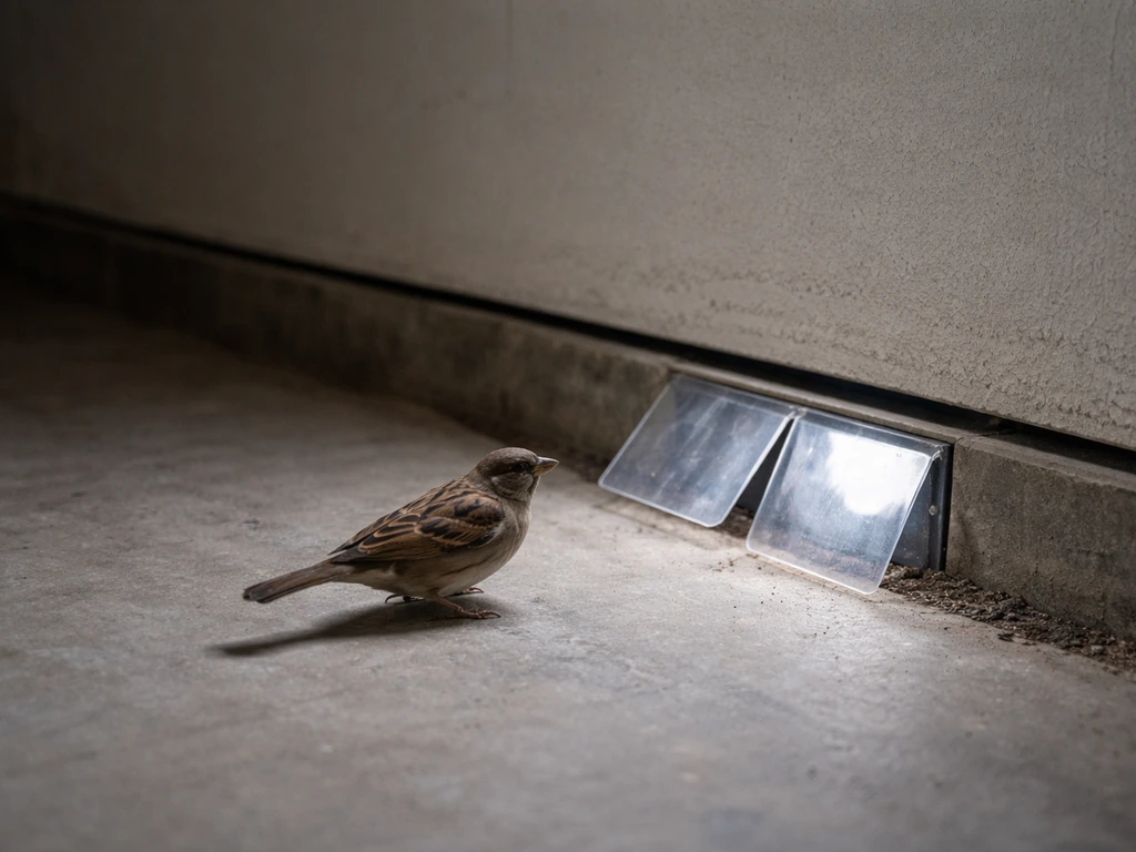 Small bird near a garage floor gap blocked by a one-way door flap, allowing exit only.