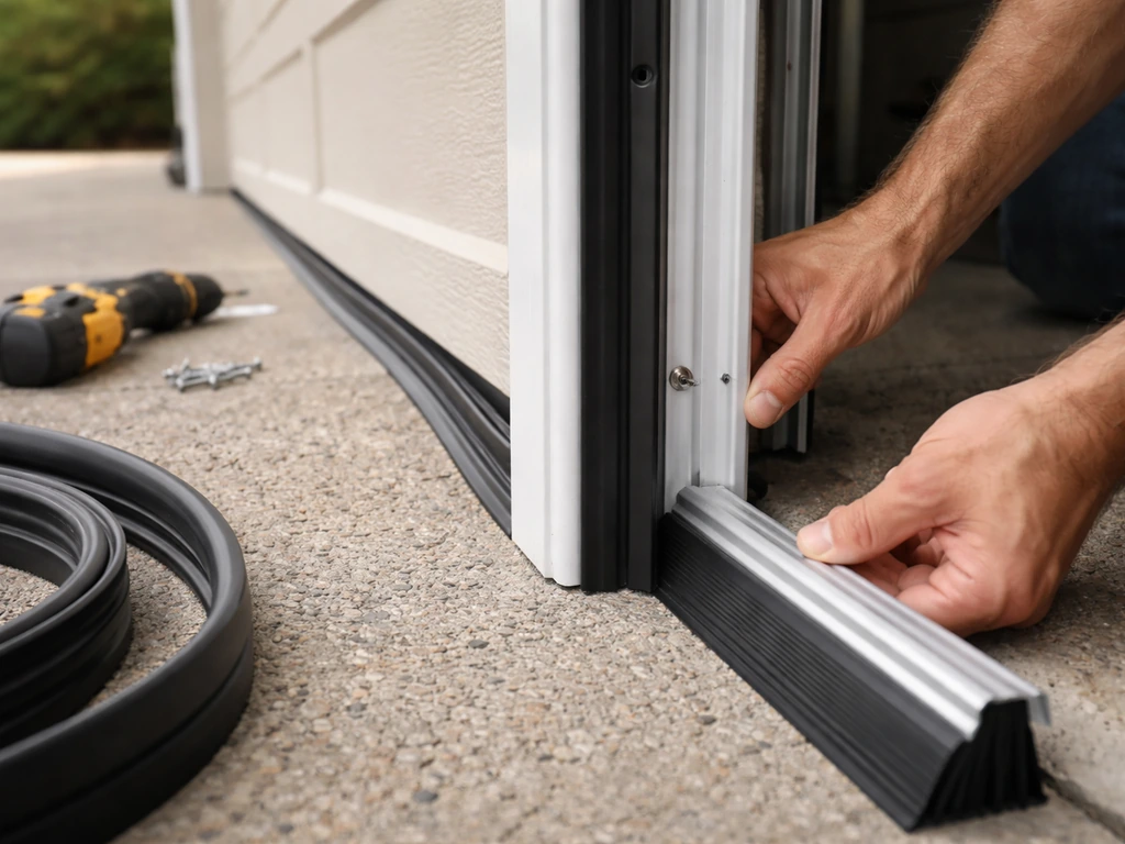 Hands installing a new garage door sweep and weatherstripping along the door edge.