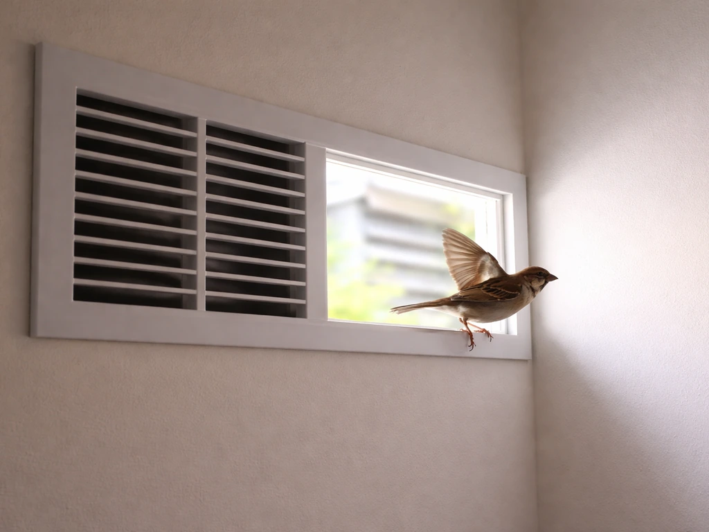 A small bird flying out from a kitchen exhaust vent area toward an open escape path near an exterior vent cap.