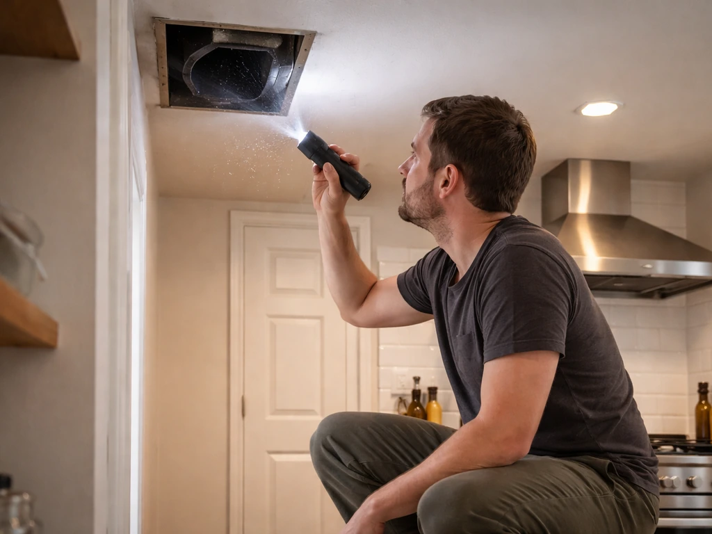 Homeowner kneels with a flashlight checking a kitchen vent opening to locate a bird in ductwork.