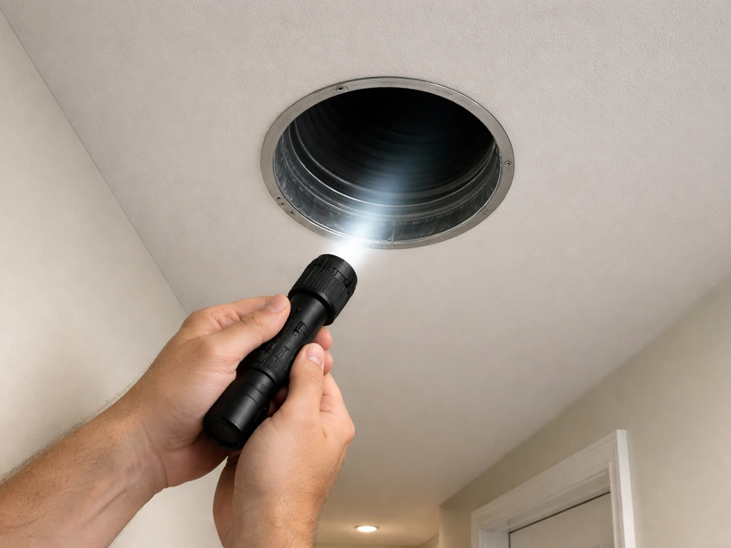 A flashlight beam aimed into a metal HVAC duct opening, calm methodical inspection to locate a hidden bird.