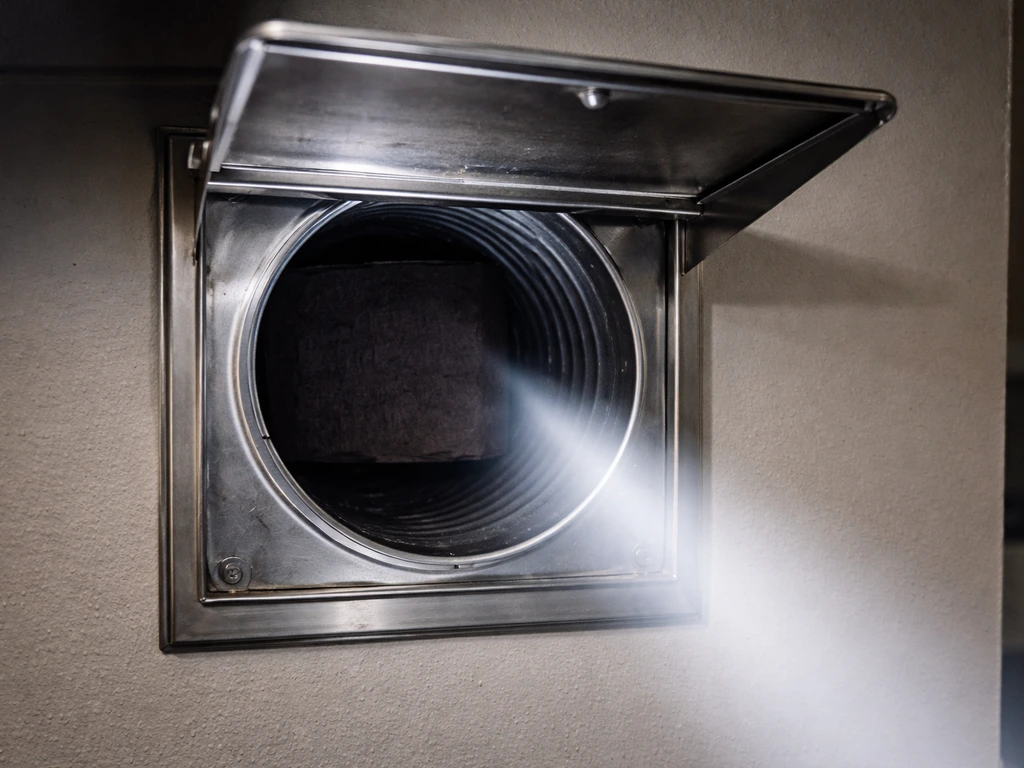 Open exhaust cap with a flashlight beam into the duct, interior grille blocked by dark cloth.