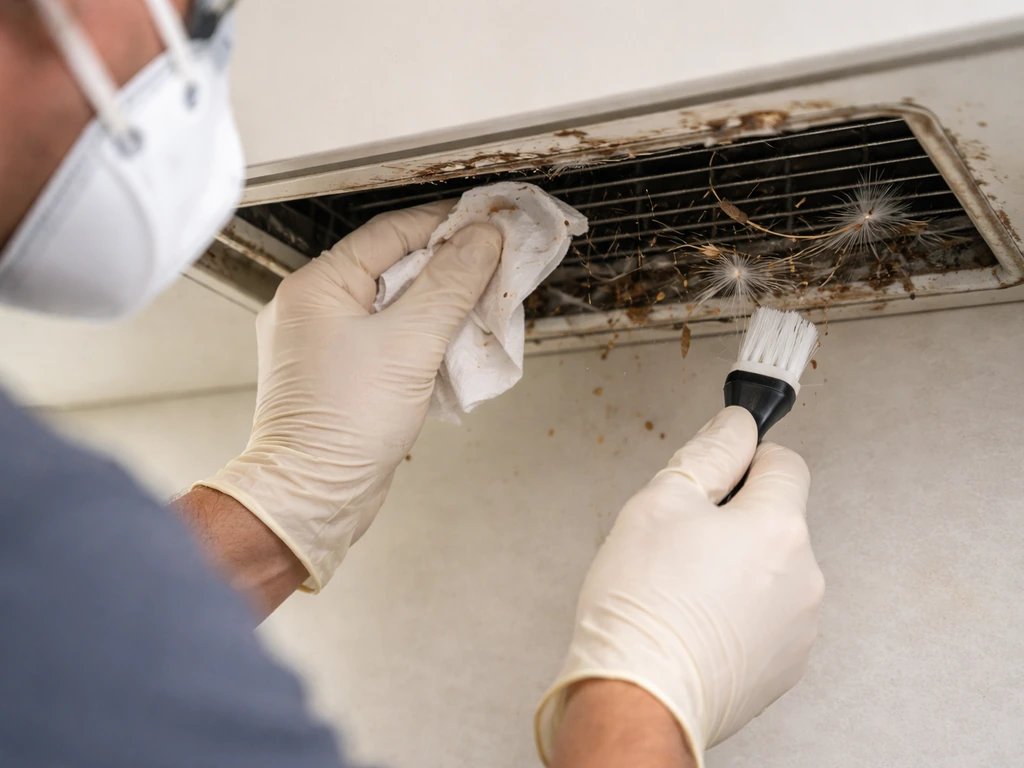 Gloved hands using damp towels and brush to clean a kitchen exhaust duct grille after a bird removal.
