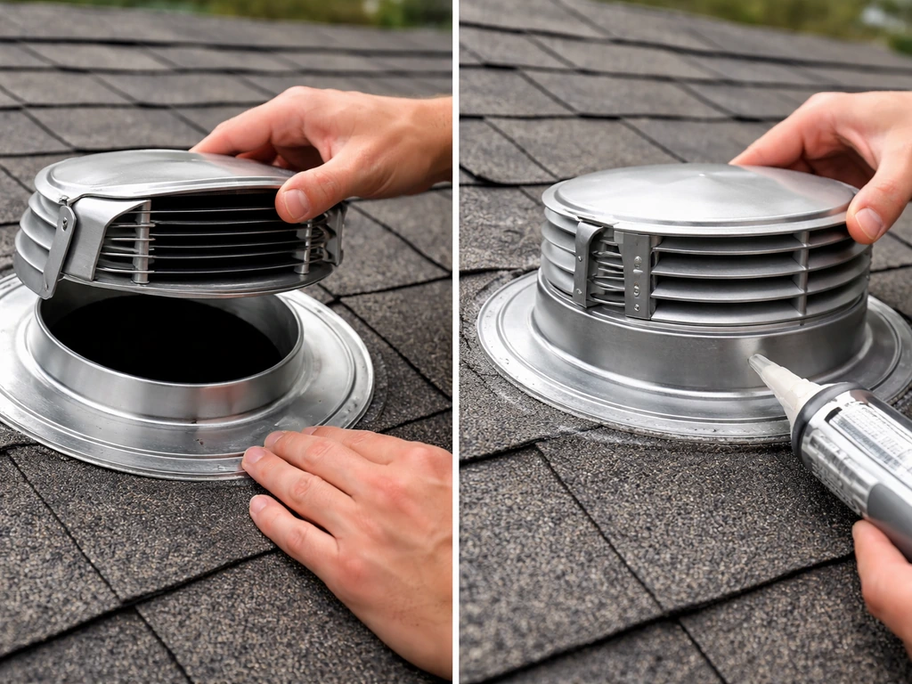 Hand installing a spring-loaded pest-resistant vent cap on a roof vent, then sealing around the base