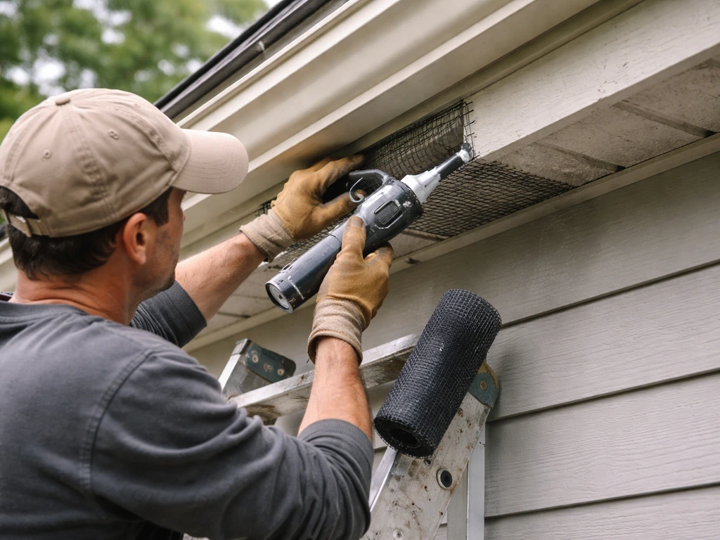 Homeowner using a ladder and gloves to seal a bird entry gap under a building eave.