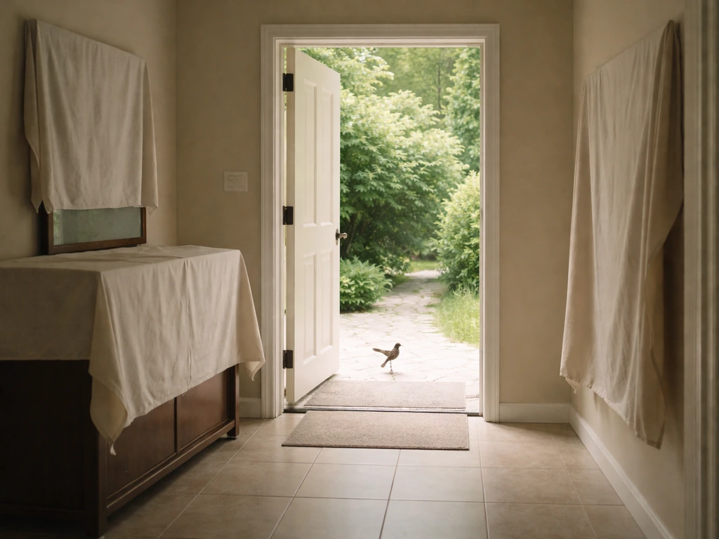 Quiet room with an open bright exit and covered reflective surfaces to gently guide a bird outside.