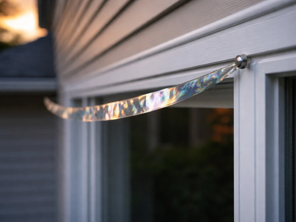 Reflective flash tape bird deterrent being clipped along a building edge near a window frame.