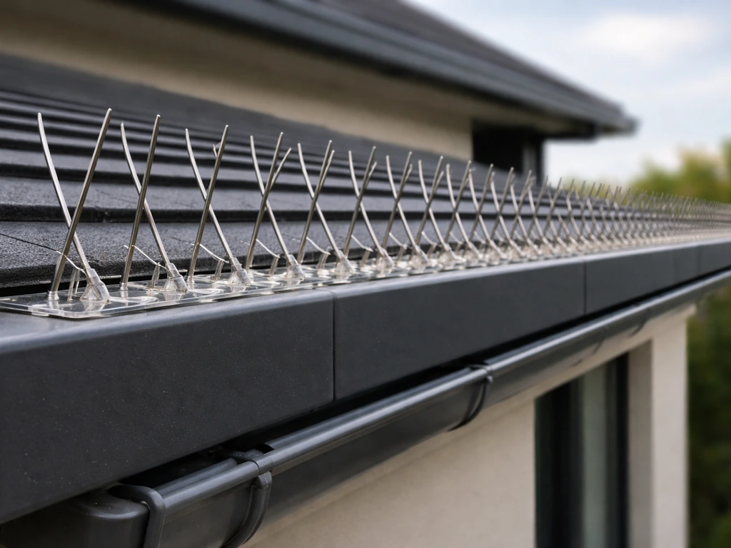 Stainless steel bird spikes installed along a rooftop eave/ledge to prevent birds from landing.
