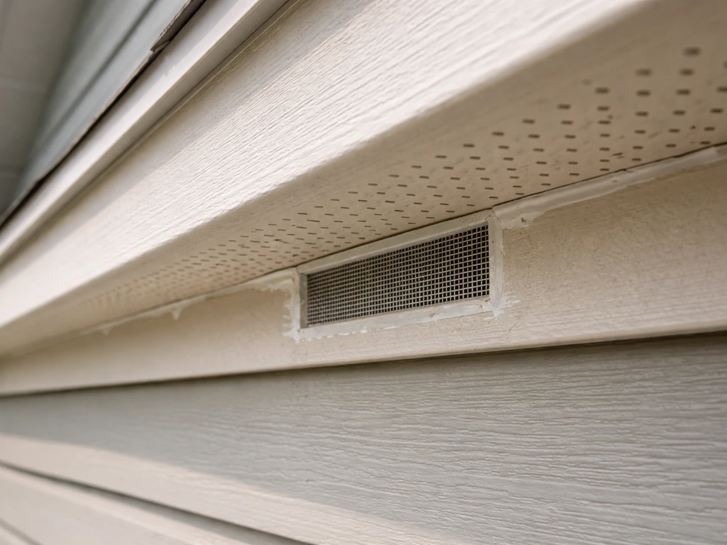 Close-up of sealed roof soffit and fascia gaps with vent screen after pest-proofing