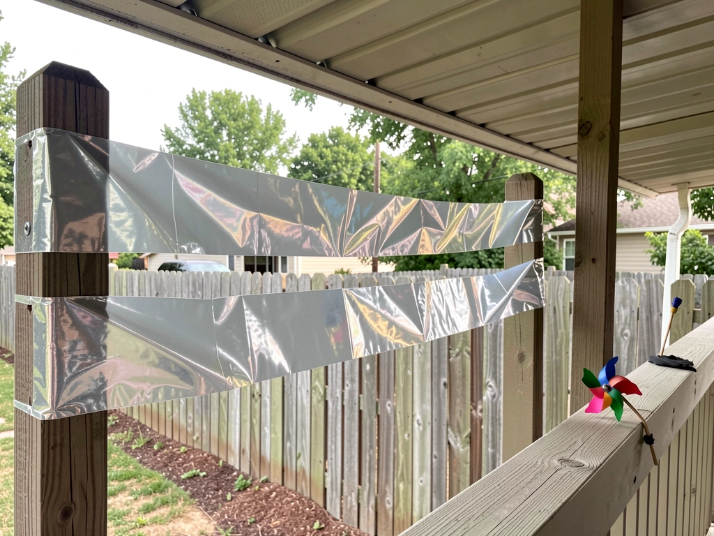 Reflective tape strips fluttering on a fence near where birds land, showing movement deterrent.