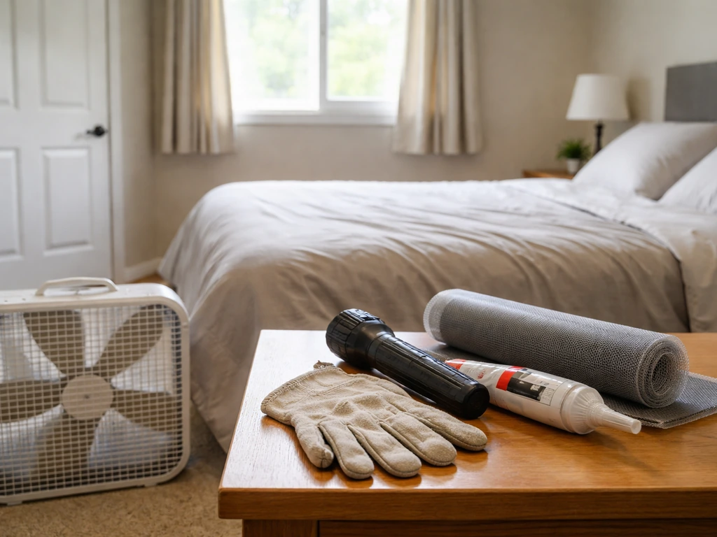 Humane bird-proofing setup in a quiet bedroom: sealed-ready room with safety fan and inspection supplies