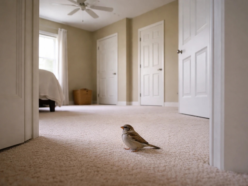 A small bird safely captured on the bedroom floor with ceiling fans off and doors closed.