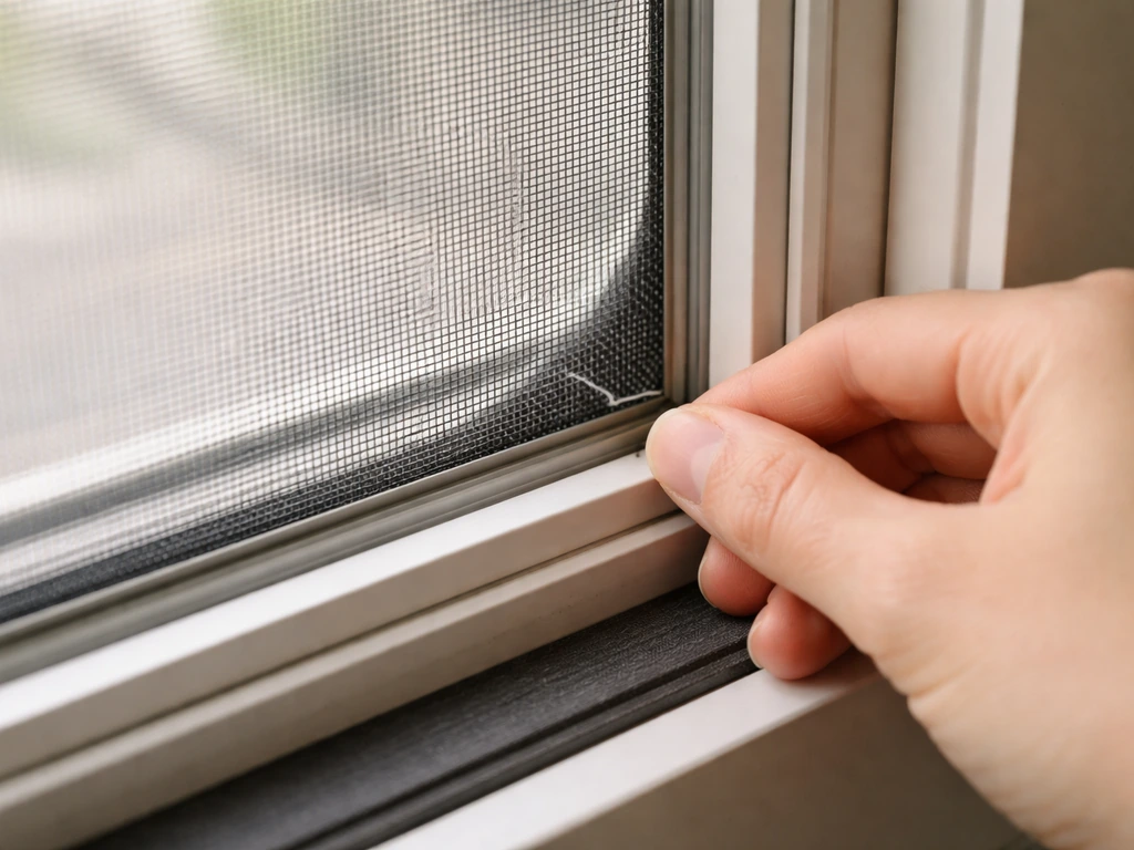 Close-up of a window screen corner being checked for tears and gently pressed to fit flush.