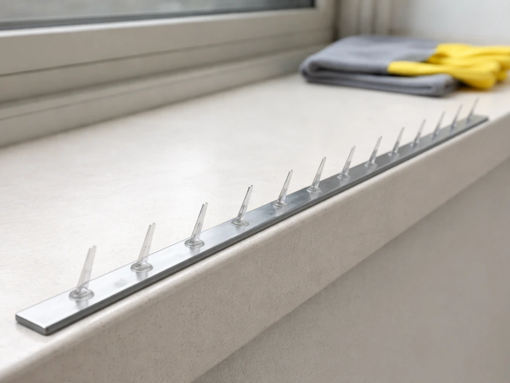 Close-up of a cleaned window ledge with metal/angled deterrents installed to prevent re-roosting.