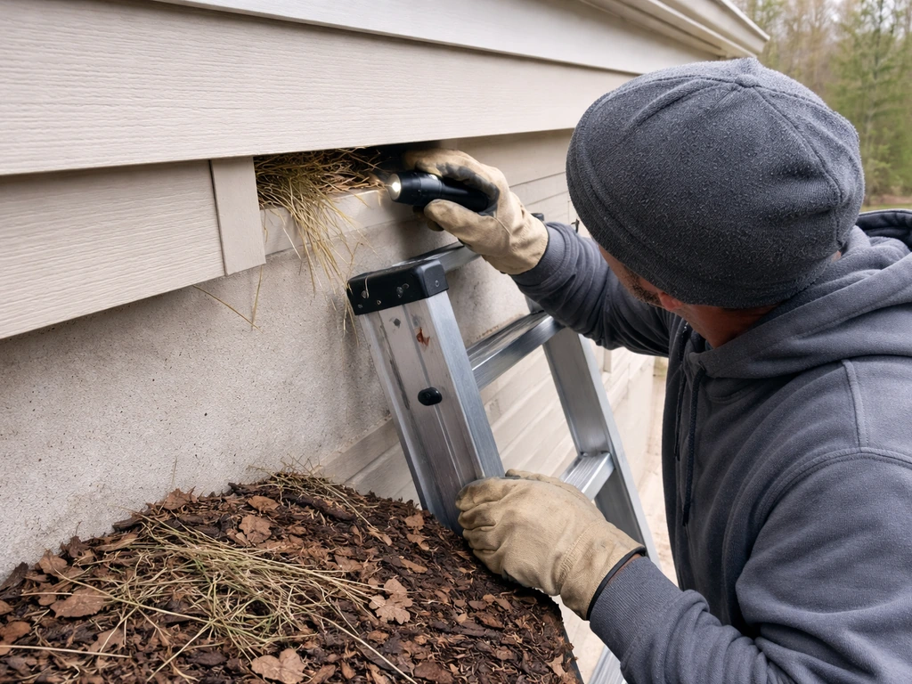 Homeowner on a ladder in gloves inspecting a building nook where nesting materials are nearby.