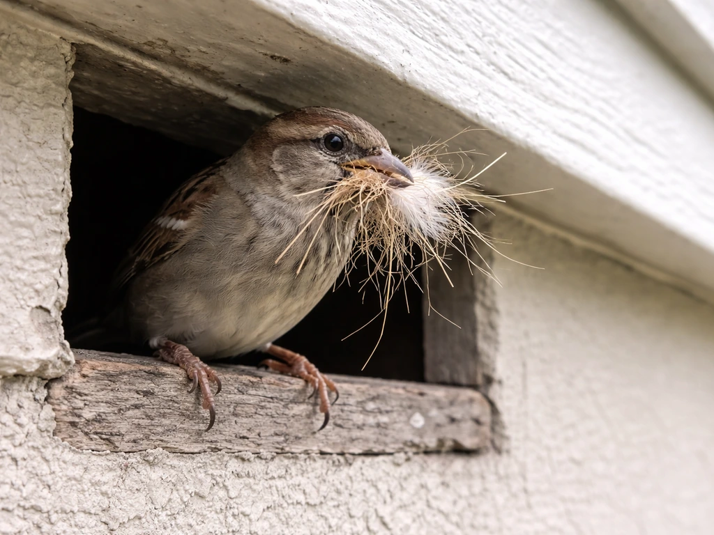 Small bird at a building opening holding twigs and fluff, paused carefully as if checking before nesting.