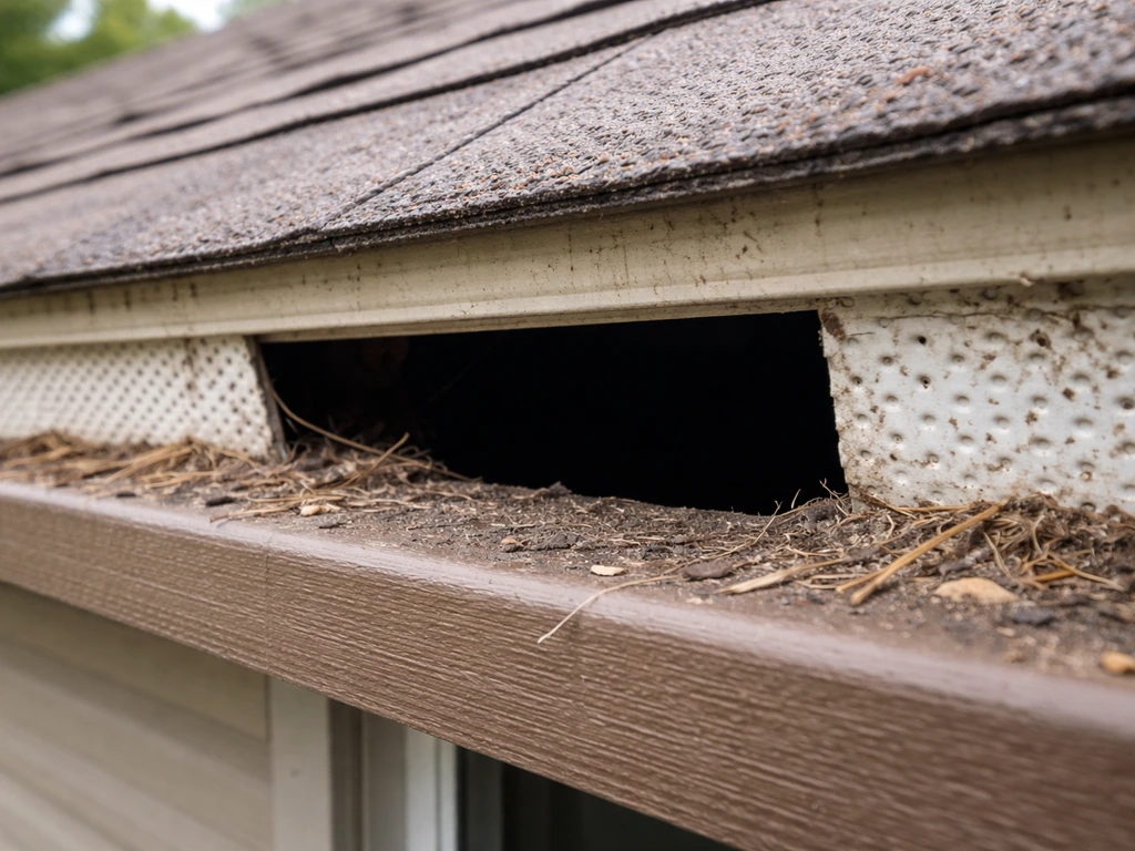 Close-up of an unscured roof soffit/vent opening and small gap under the fascia where birds could enter.
