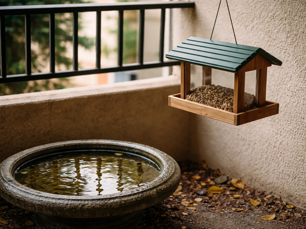 Bird feeder on a balcony beside a shallow birdbath with standing water outdoors.