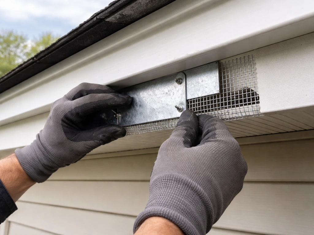 Gloved hands sealing a roof overhang gap with wire screening and metal cover plates.