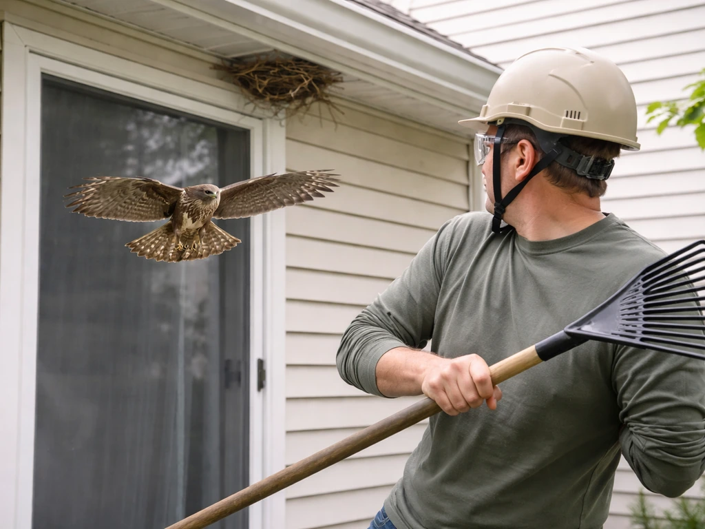 Homeowner in goggles and helmet guarding themselves as a bird swoops near the home exterior.