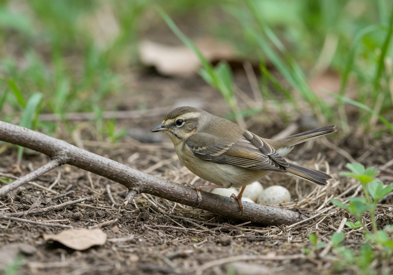 Close-up of a small bird perched near a nest site with eggs, emphasizing defensive nest-guarding behavior.