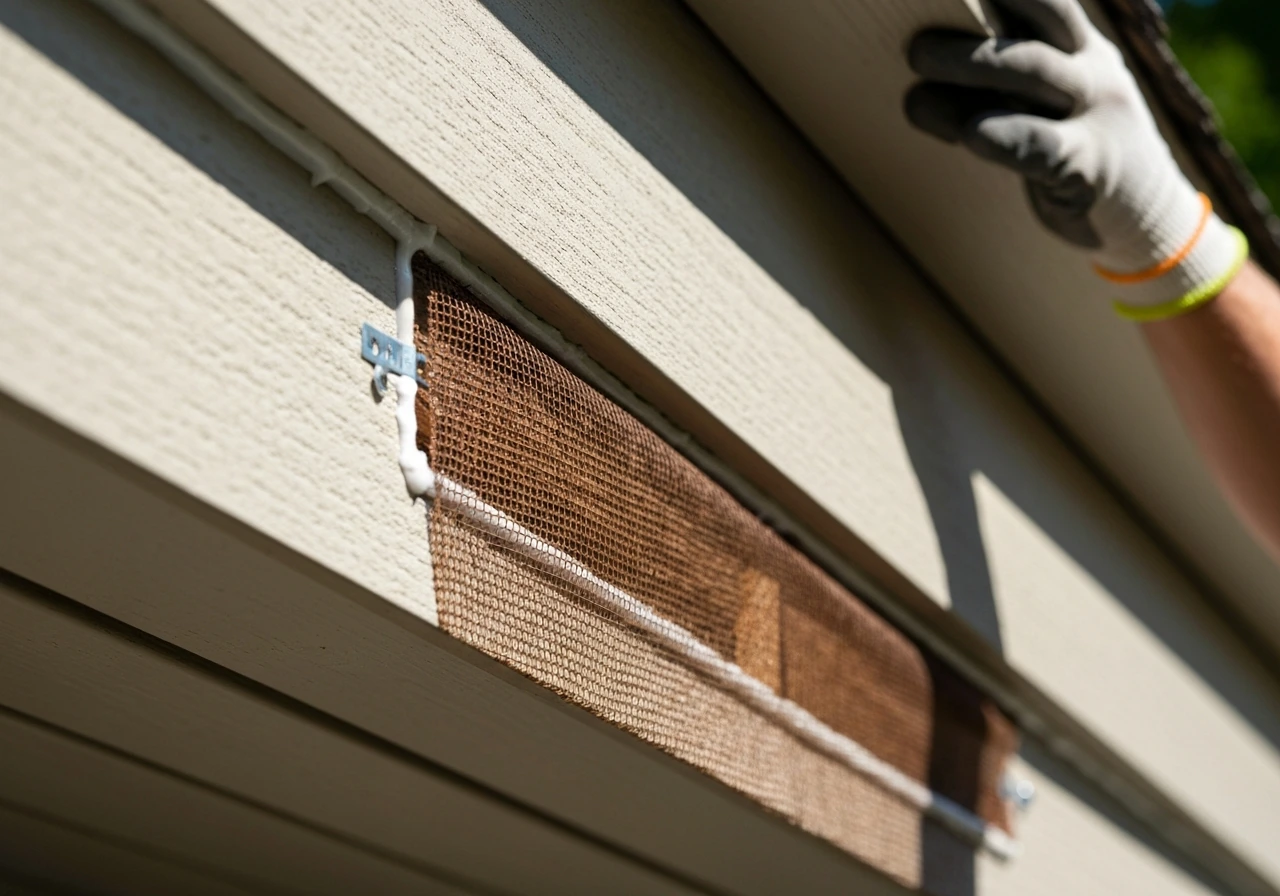 DIY exclusion mesh and sealant installed along an eave soffit to block a suspected entry gap.