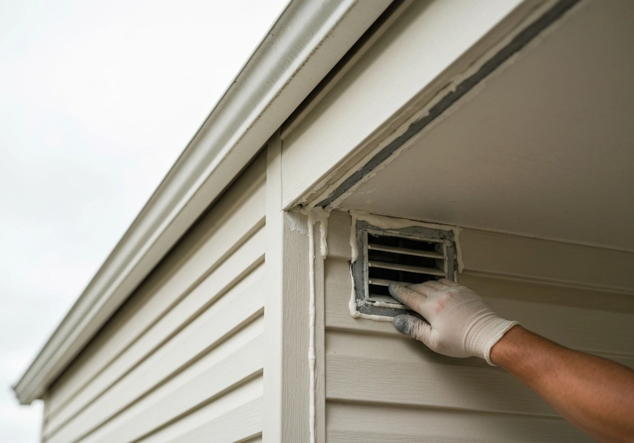 Close-up of eaves, soffit vents, and sealant being pressed into a gap at a home perimeter.