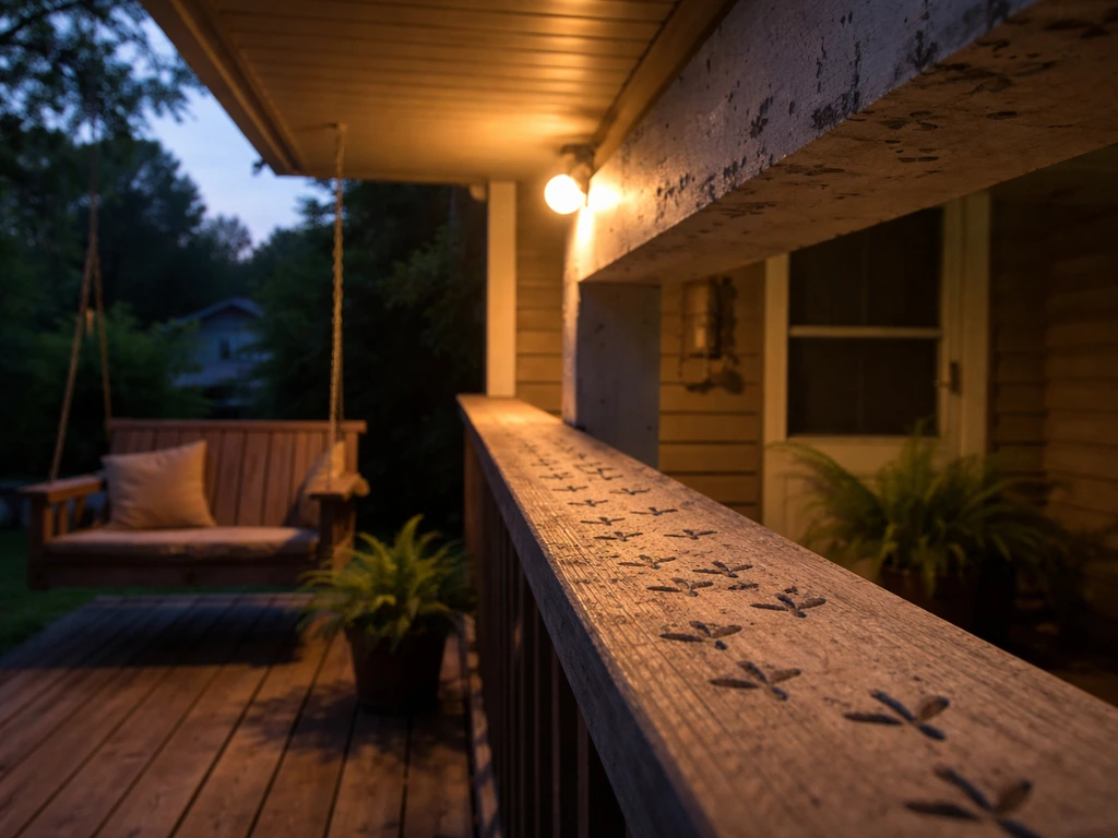 Dusk porch railing with visible bird footprints on the overhang, no birds present.