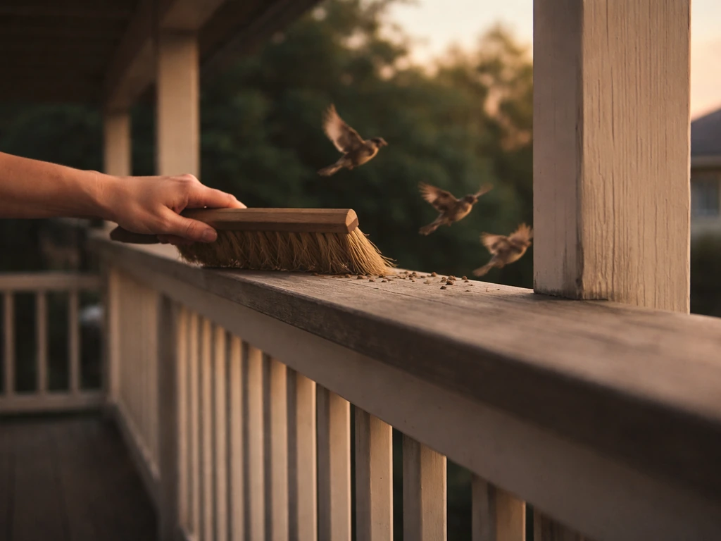 Person gently sweeping a porch railing at dusk to shoo birds from an overhang roost.