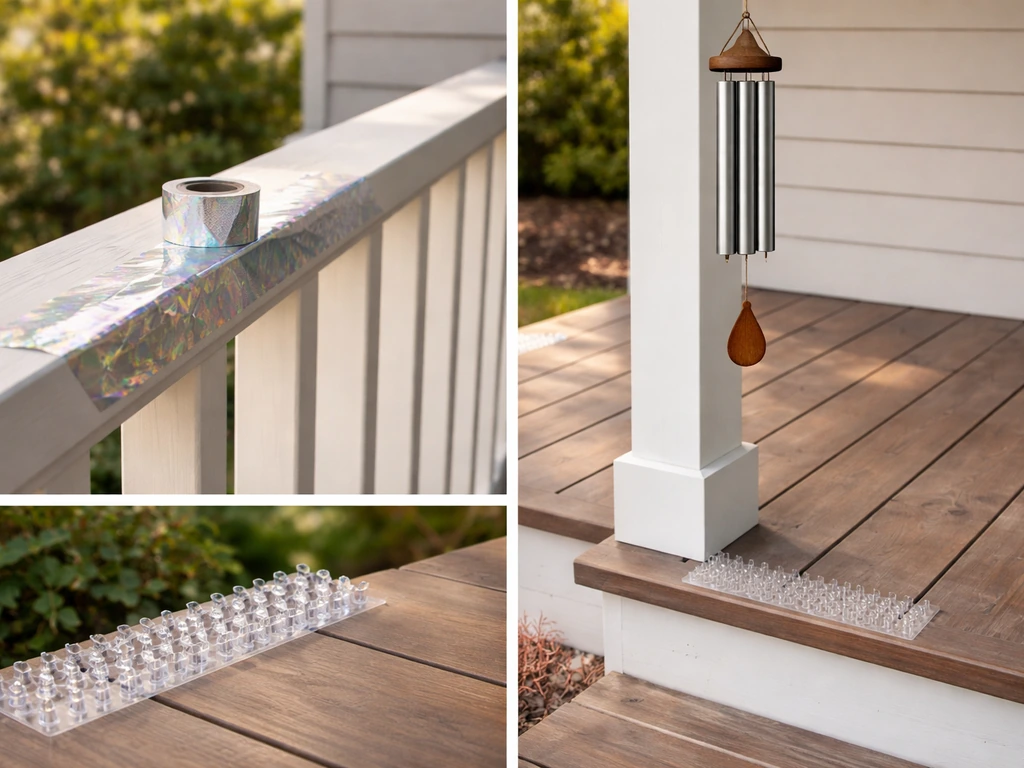 Porch deterrents together: reflective tape, wind chime, and a small humane mesh barrier in daylight.